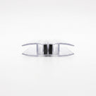 Two clear magnetic seal profiles closed on white, upright black magnets touching face to face, end-on