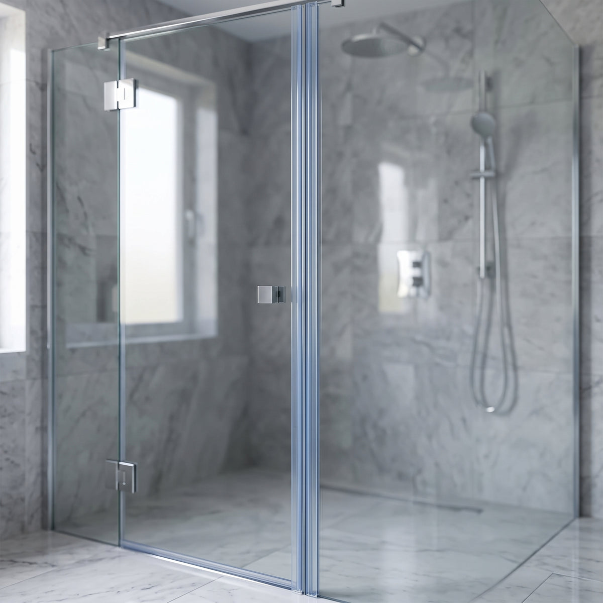 Frameless glass shower enclosure in a marble-tiled bathroom, seal not visible at this distance