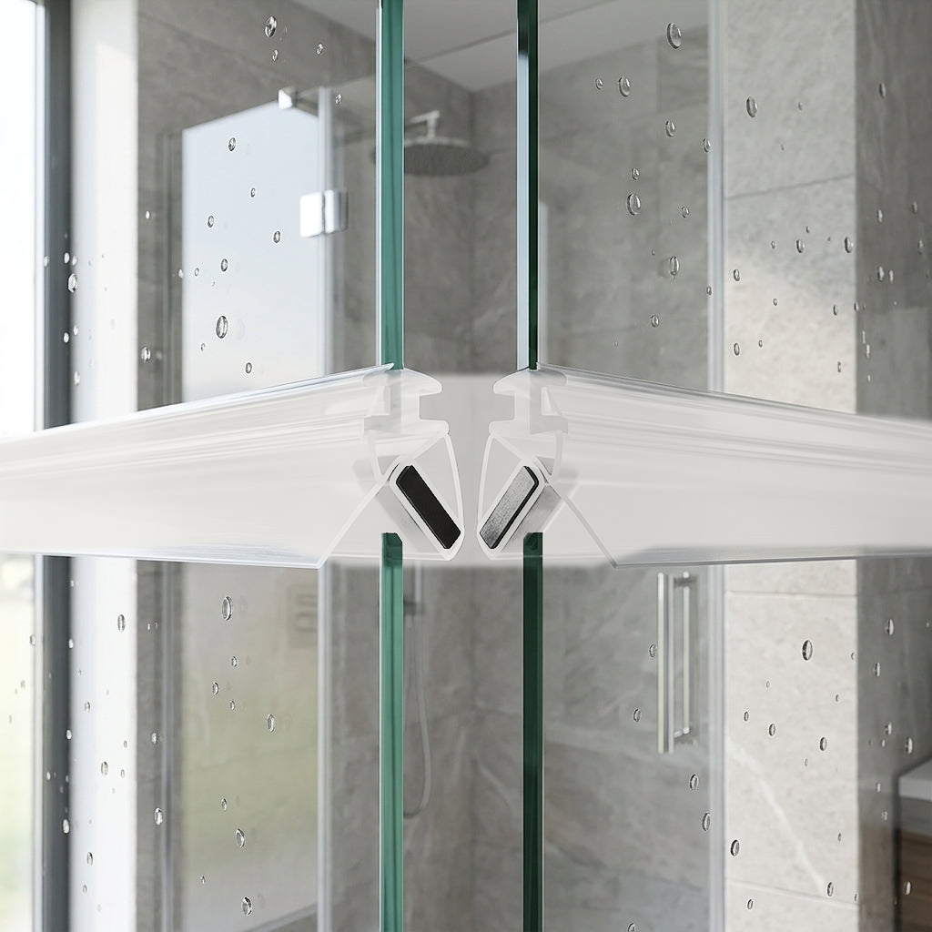 Two white magnetic seals meeting on the edges of adjoining glass doors, black magnet strips facing each other