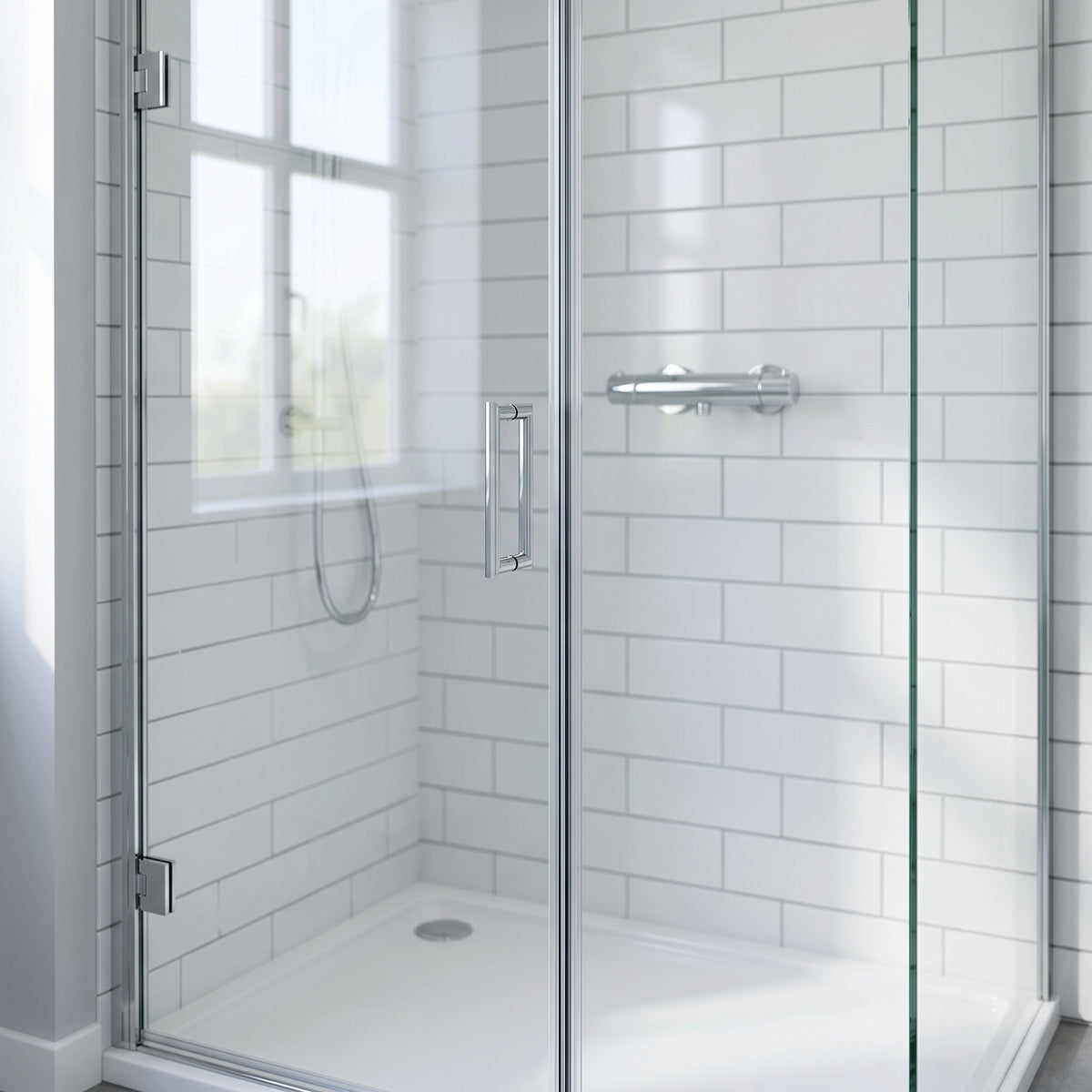White metro-tiled corner shower enclosure with the glass door closed, seal not visible at this distance