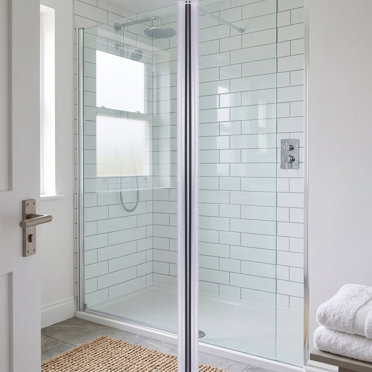 Glass shower door closed against a chrome post in a metro-tiled bathroom, seal line down the join