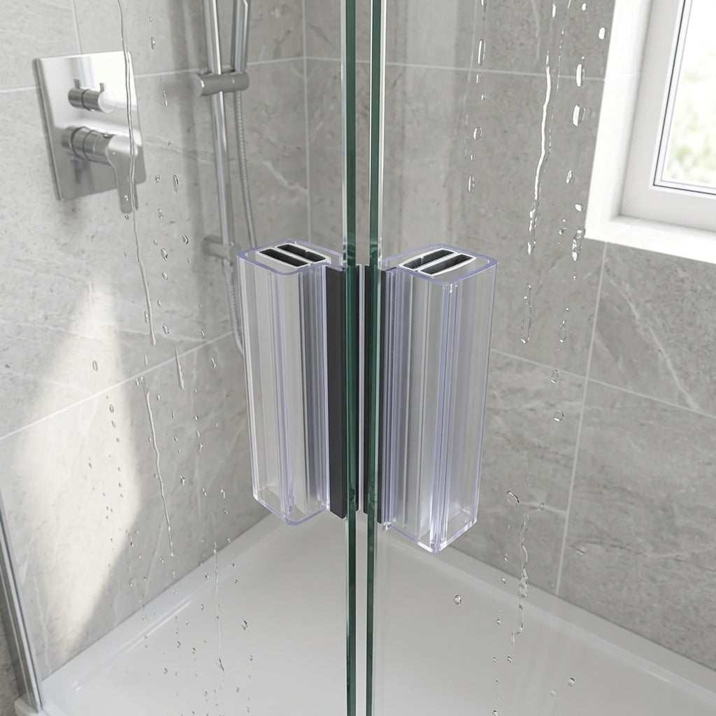 Two clear seals with dark magnet strips meeting at a wet glass corner join, grey marble tiles behind