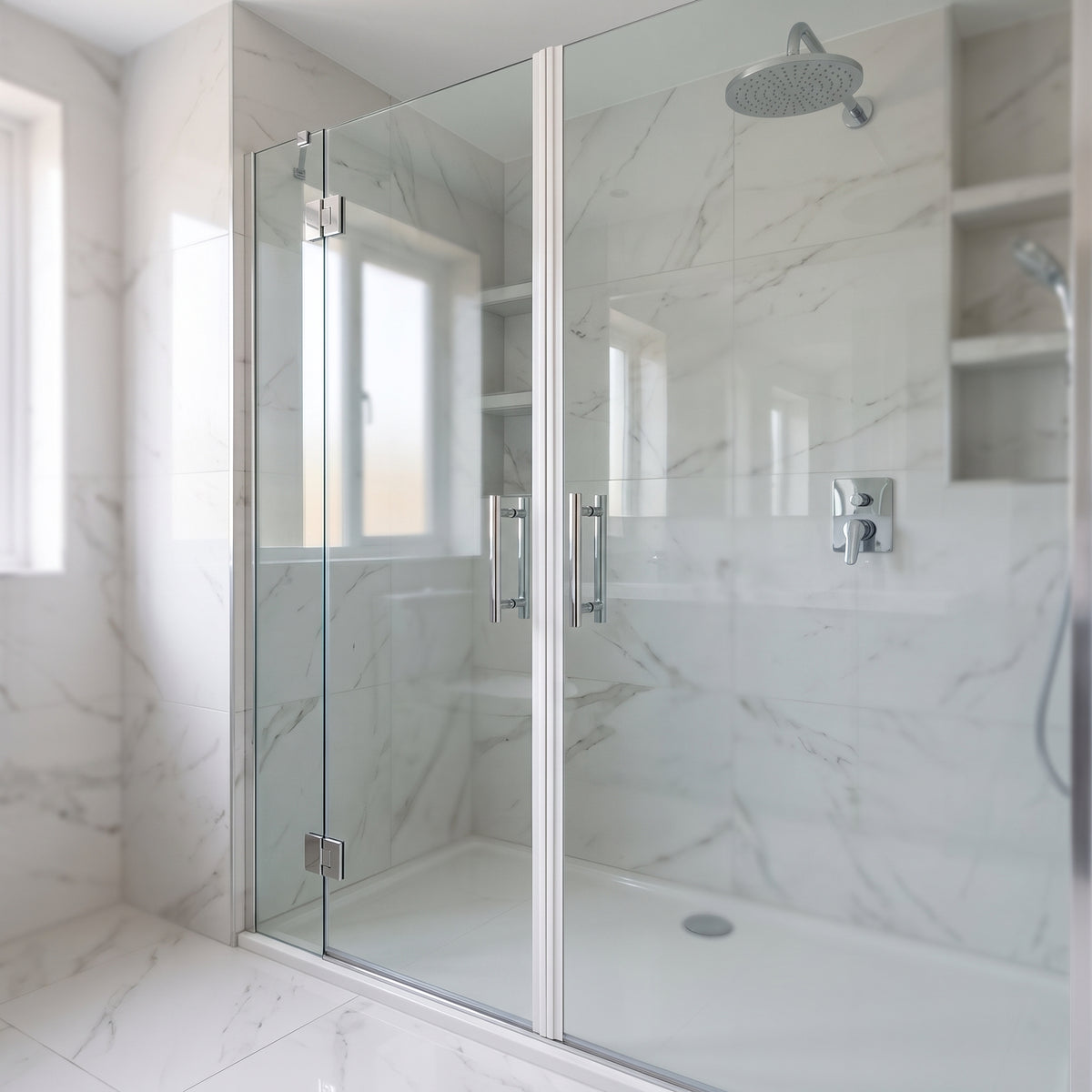 Marble-tiled shower with twin glass doors closed, a white seal line down the centre join, chrome handles