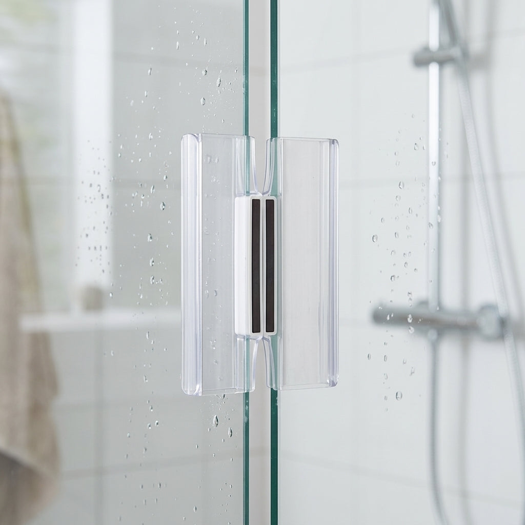 Self-adhesive magnetic shower door seal installed on glass door - adhesive tape hidden once fitted