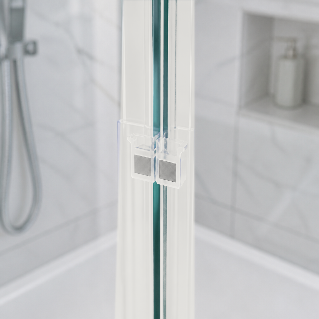 Two white magnetic seals meeting on a glass door edge, grey magnets side by side, shower hose and tray behind