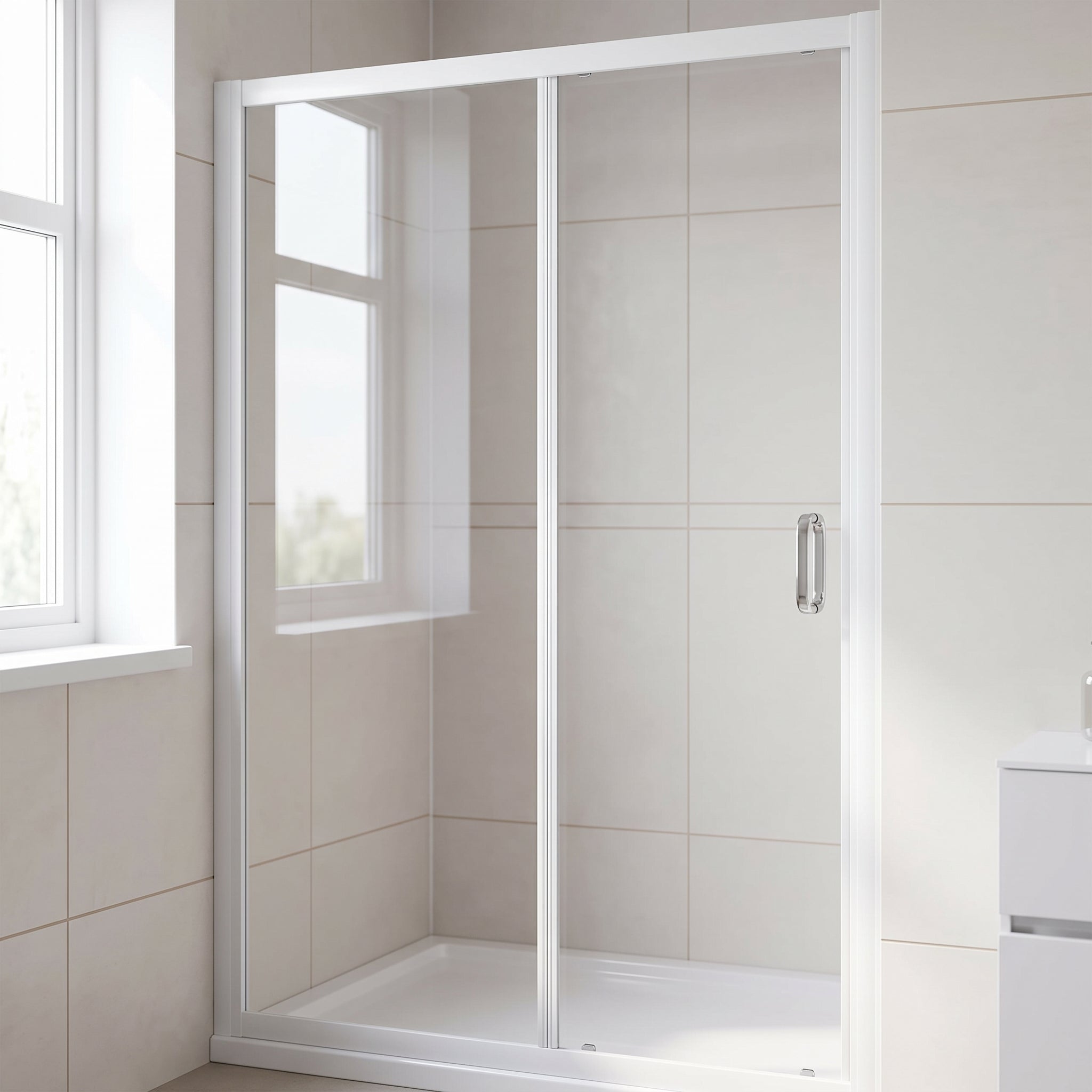 Pair of white MAG031 magnetic channel seals holding a white-framed shower door closed in one continuous vertical line