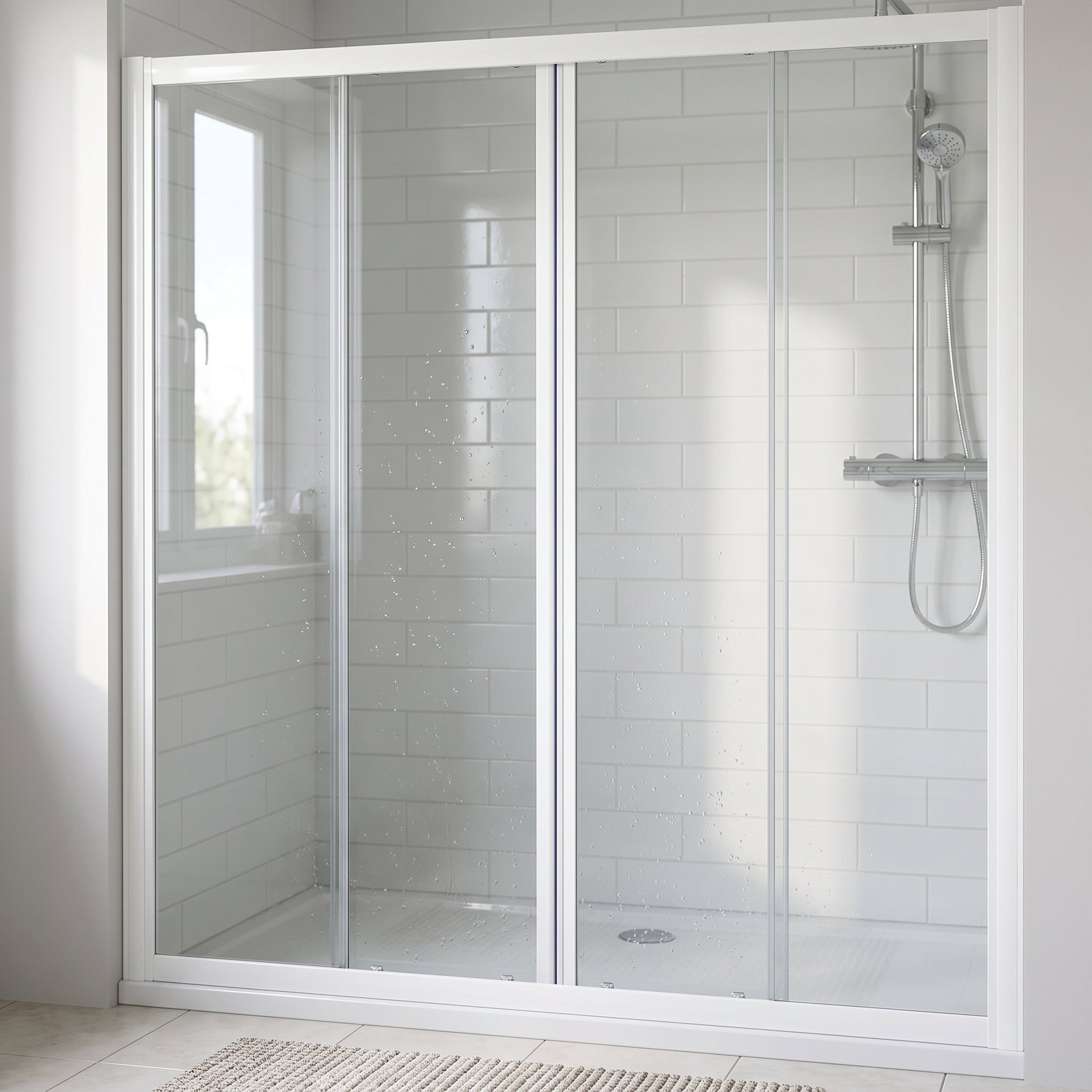 White magnetic channel seal pair closing two white-framed shower doors in one continuous full-height line