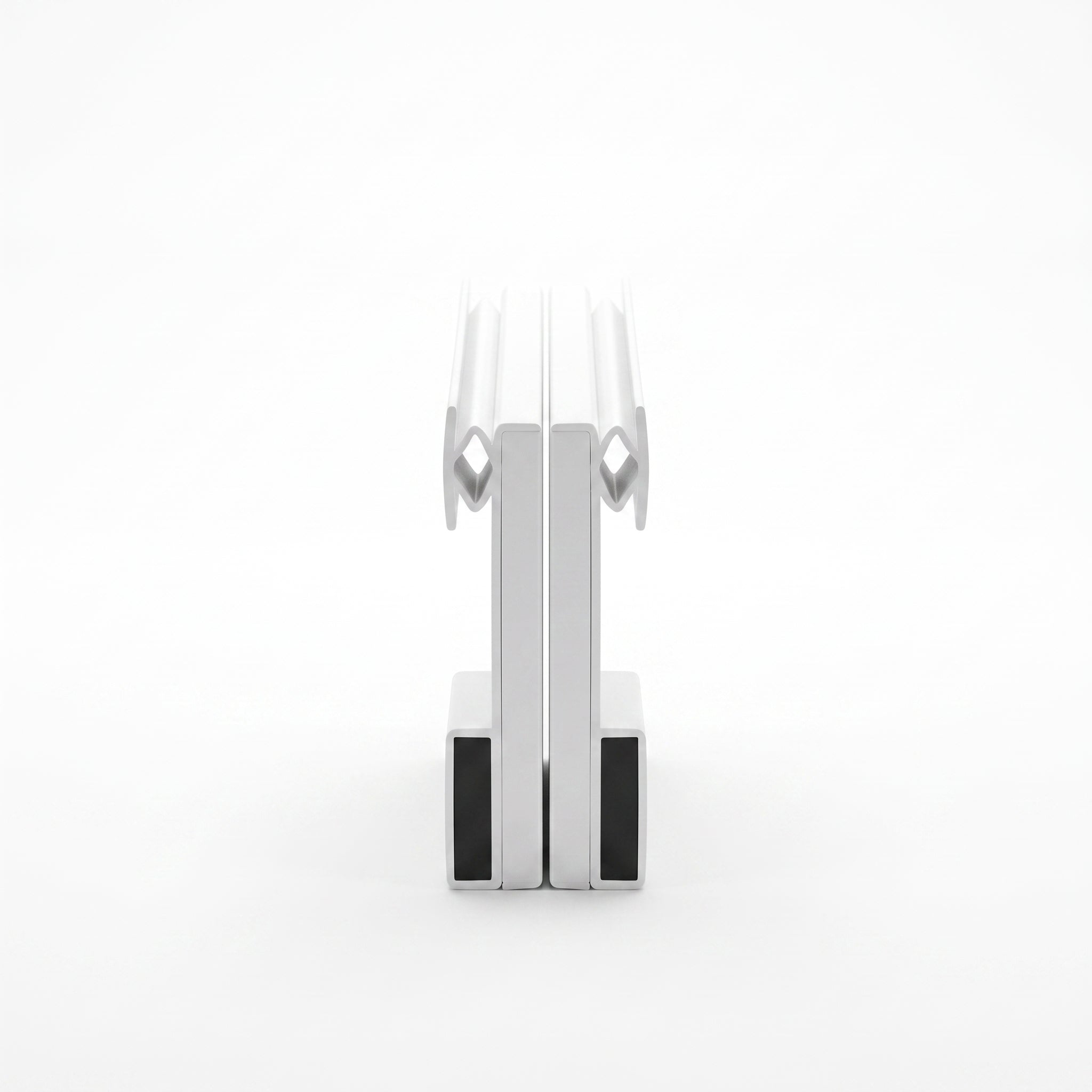 Pair of white MAG033 channel seals - 13mm T-flanges with flexible webs and white-covered magnet housings meeting flat