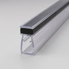 Clear magnetic seal extrusion angled on white, black magnet strip capping a channel with gripping lips