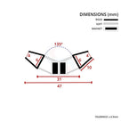 Angled cross-section in mm: 135 degree V, 6mm glass slots, 31mm between magnets, 47mm overall, ±0.5mm