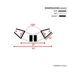 Angled cross-section in mm: 135 degree V, 6mm glass slots, 31mm between magnets, 47mm overall, ±0.5mm