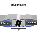 Diagram: paired seal for 4-6mm glass, magnet blocks shown, 30mm total profile width