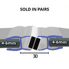 Diagram headed 'Sold in pairs': seal pair closed inline on 4-6mm glass, twin black magnets, 30mm marked