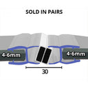 Diagram: paired seal for 4-6mm glass, magnet blocks shown, 30mm total profile width