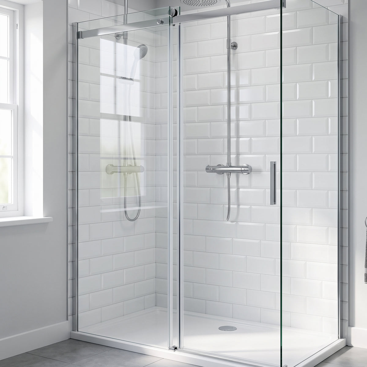 Corner shower enclosure with a sliding glass door and white metro tiles, seal not visible at this distance
