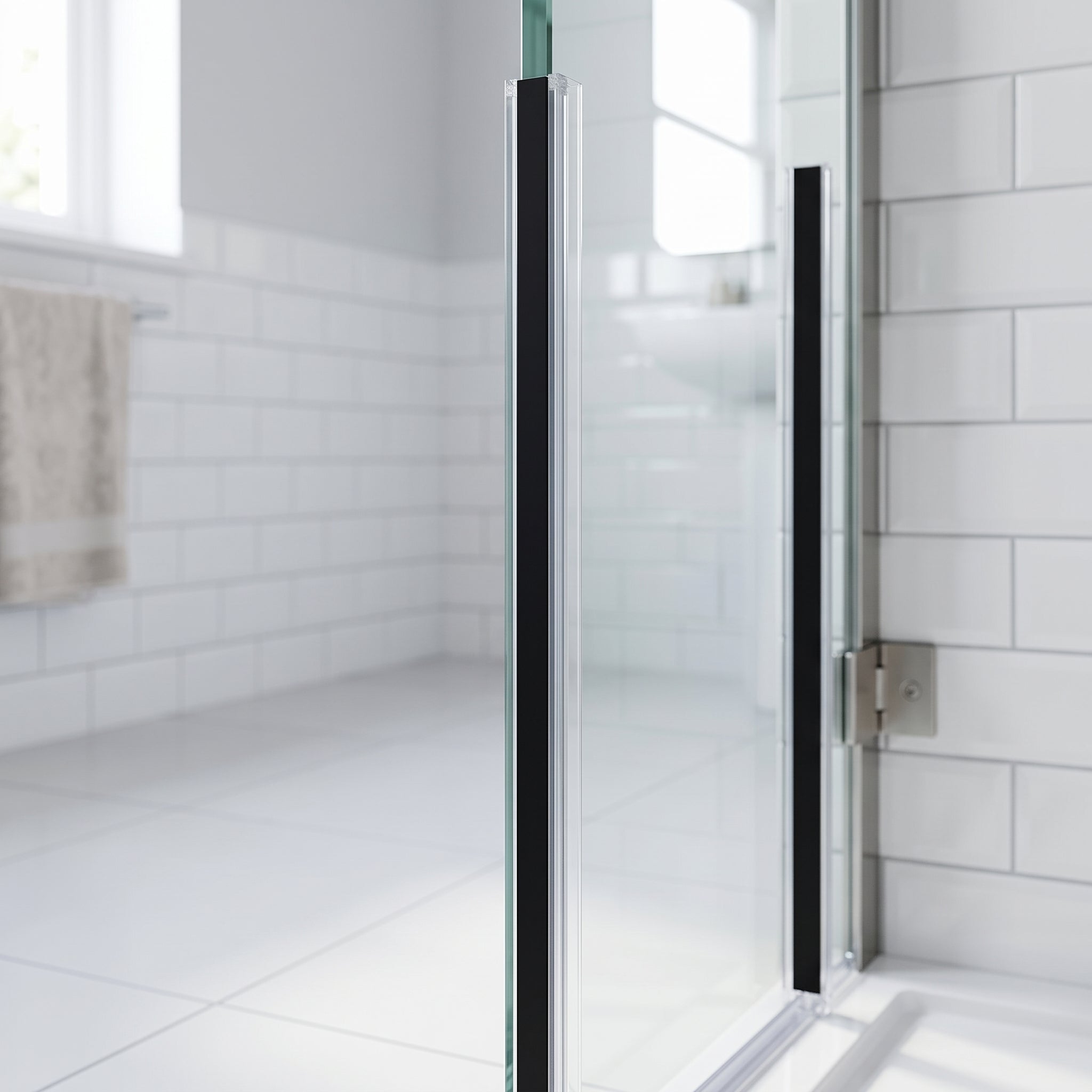 Clear magnetic seal on a hinged shower door edge with full-height black magnet strip closing at 90 degrees to the frame