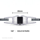 Pair of clear magnetic shower seals closed on 8-10mm glass panels, spanning a 20mm gap at 180 degrees