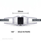 Pair of clear magnetic shower seals closed on 8-10mm glass panels, spanning a 20mm gap at 180 degrees