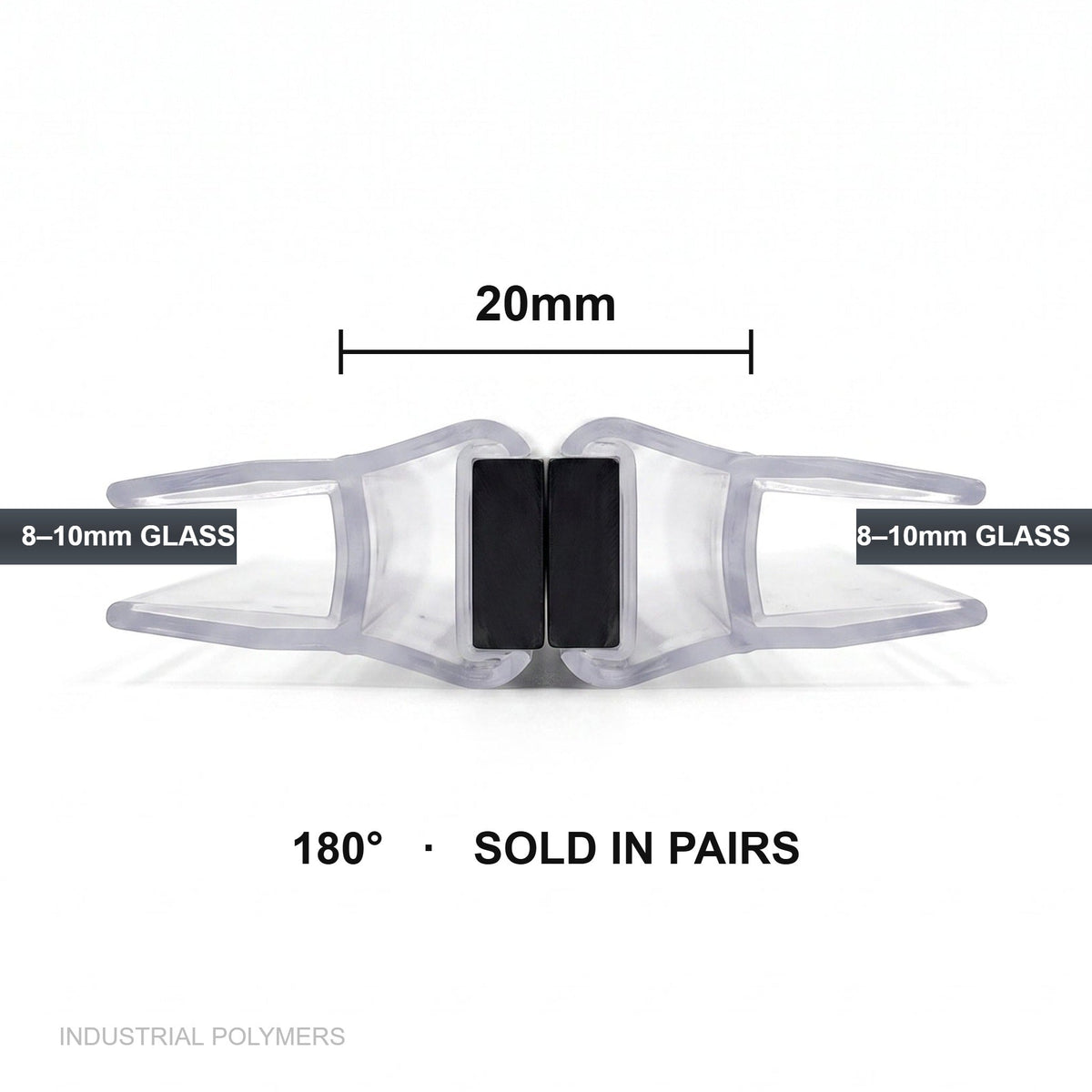 Pair of clear magnetic shower seals closed on 8-10mm glass panels, spanning a 20mm gap at 180 degrees