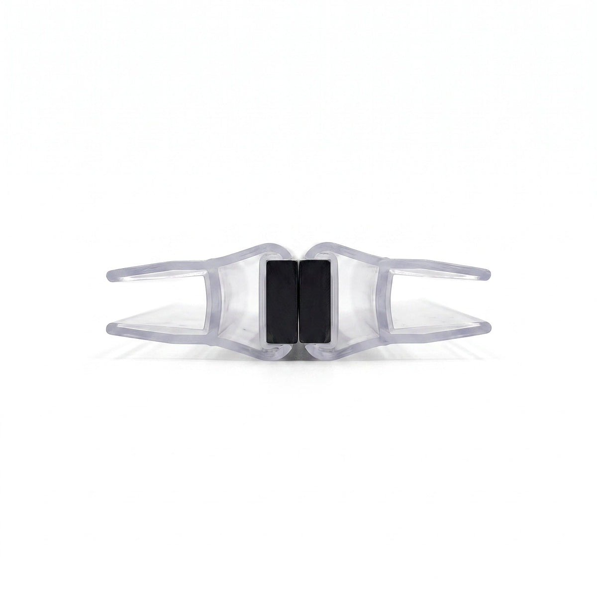 Two clear magnetic seal profiles closed on white, upright black magnets meeting at the centre