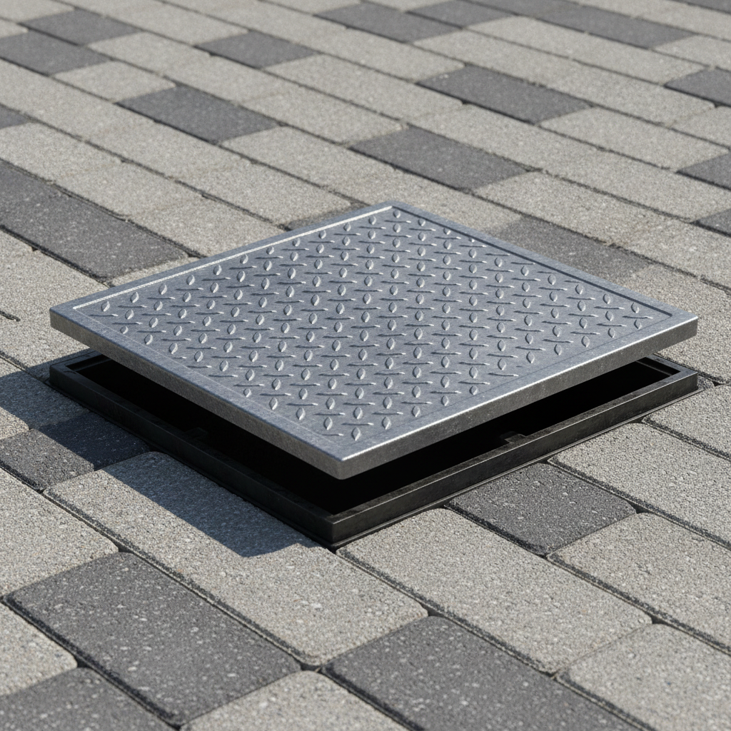 Galvanised steel manhole cover and frame installed in a block-paved driveway, cover lifted slightly to reveal the black polypropylene frame beneath