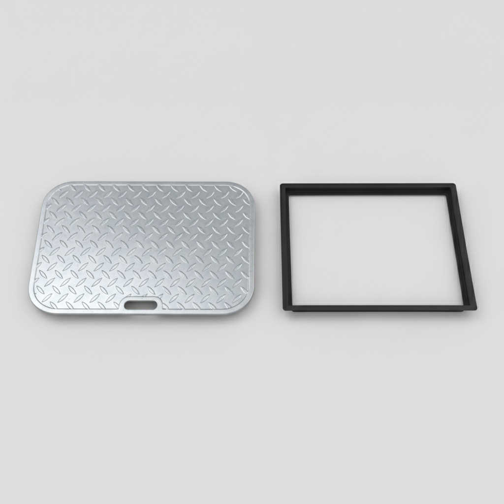 Studio product photo of a rectangular galvanised steel manhole cover next to its black polypropylene frame, showing the diamond-tread top surface and recessed lift handle slot