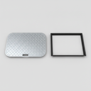 Studio product photo of a rectangular galvanised steel manhole cover next to its black polypropylene frame, showing the diamond-tread top surface and recessed lift handle slot