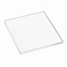 Square clear polycarbonate sheet on a white studio background, thick polished edges catching the light