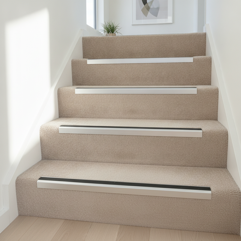 Aluminium anti-slip stair nosing in Anodised Silver with Black Insert installed on carpeted stairs