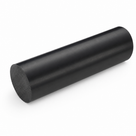 Matt black cast nylon rod angled on white, its grainy round sawn face low at the left