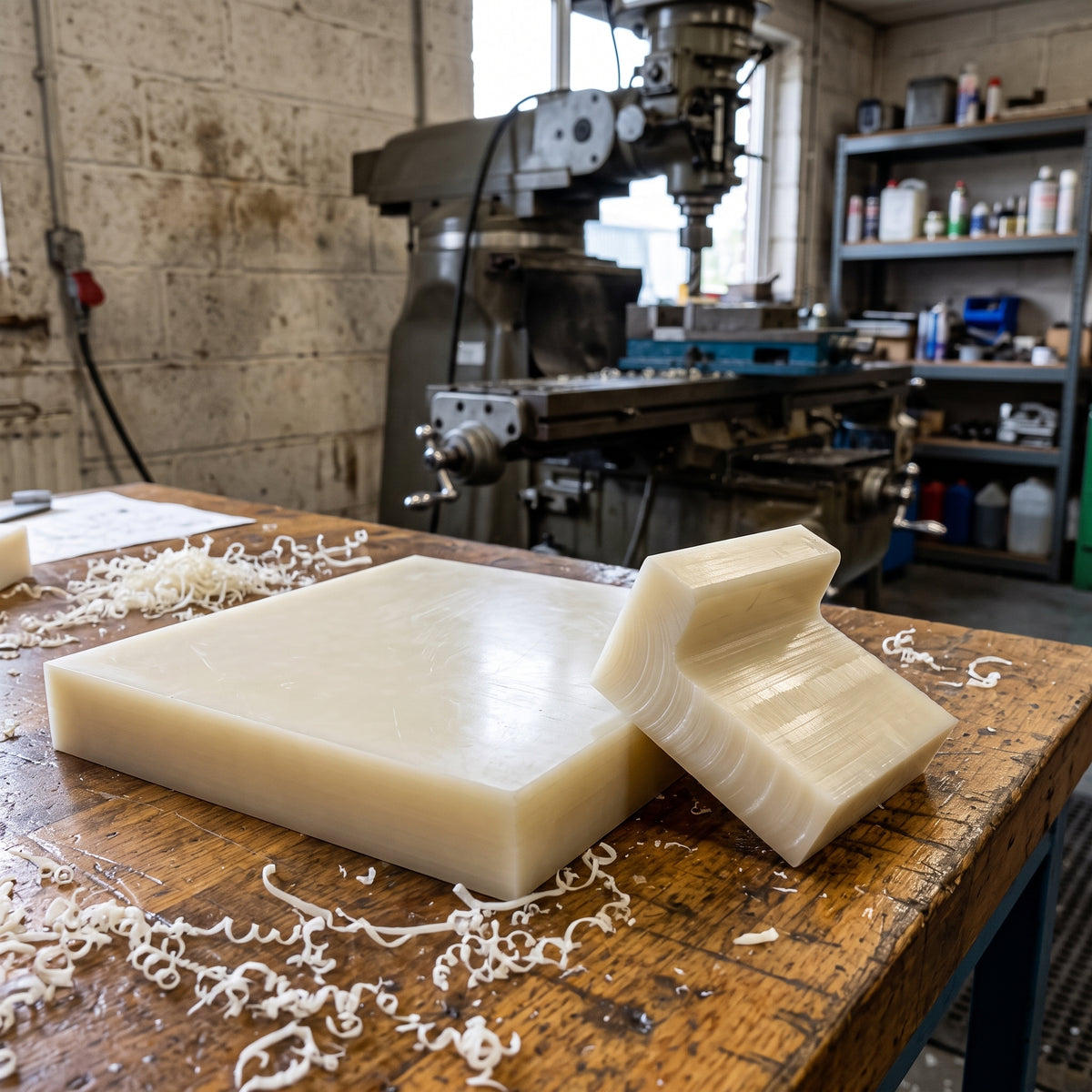 Thick cream nylon 6.6 slab on a machine shop bench beside a milled cream block cut from it, milling machine behind
