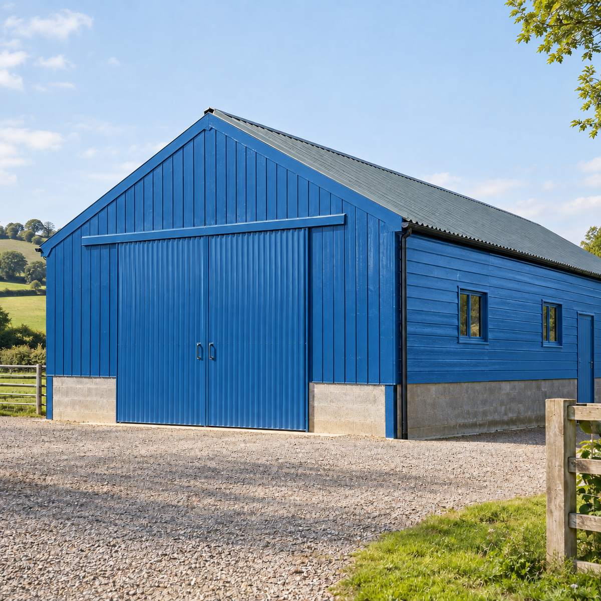 Mid Blue illustrative application: Oil-Based Barn & Shed Paint – Exterior Wood & Metal Gloss