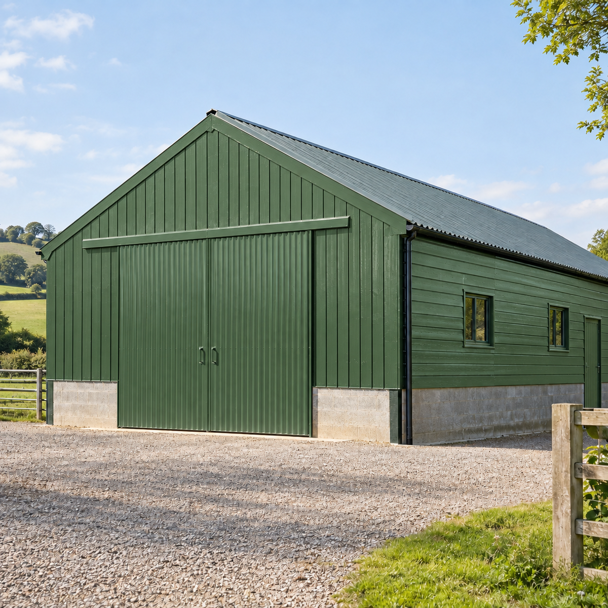 Mid Green illustrative application: Oil-Based Barn & Shed Paint – Exterior Wood & Metal Gloss