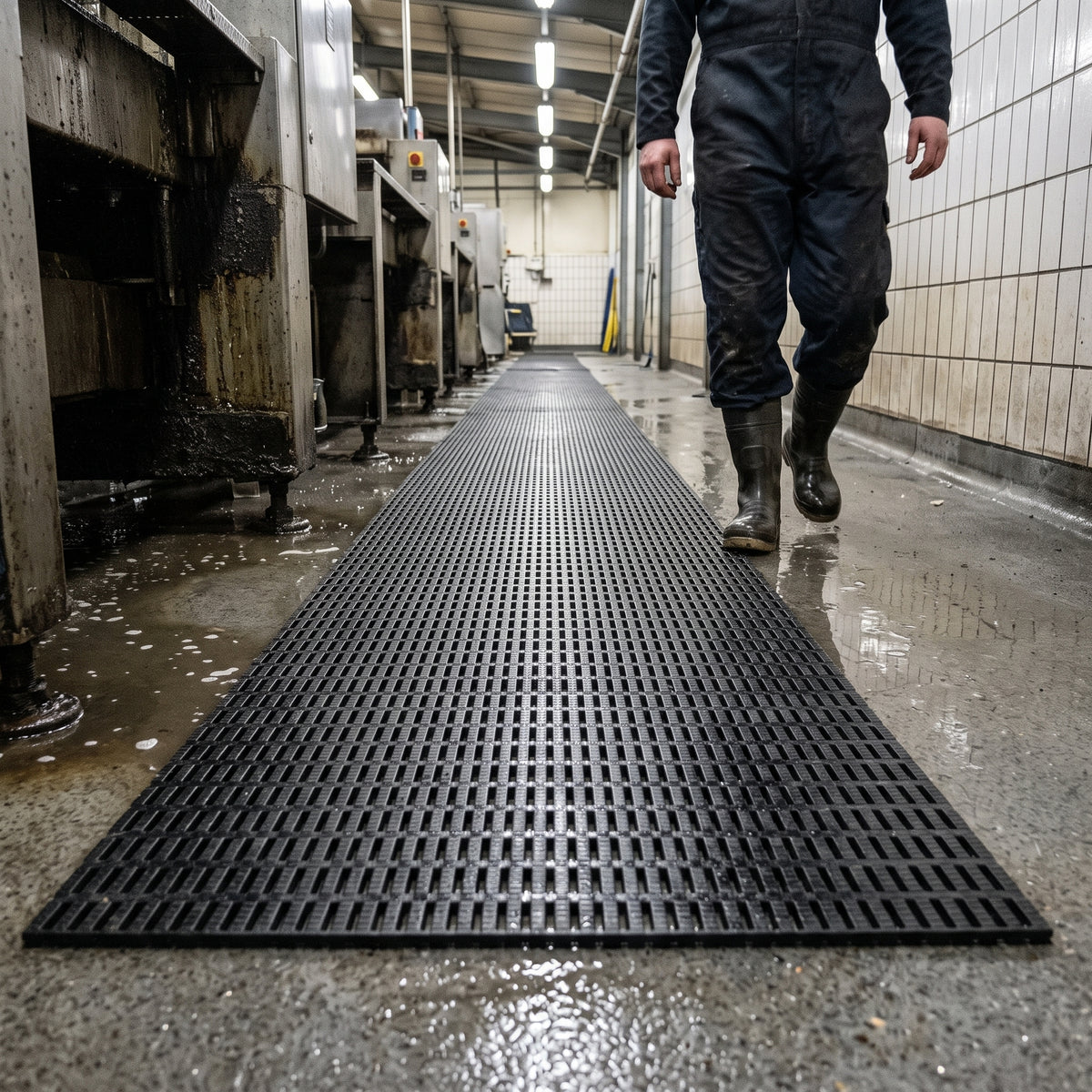 Black open-grid matting unrolled as a walkway along a wet industrial wash-down bay, standing water draining through the slots either side as a worker in boots walks along it.