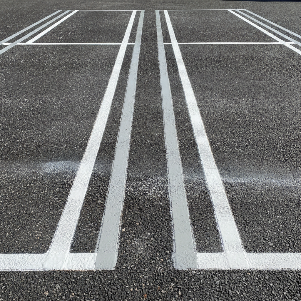 Yellow line marking paint freshly applied to car park bay lines on UK tarmac, sharp and highly visible
