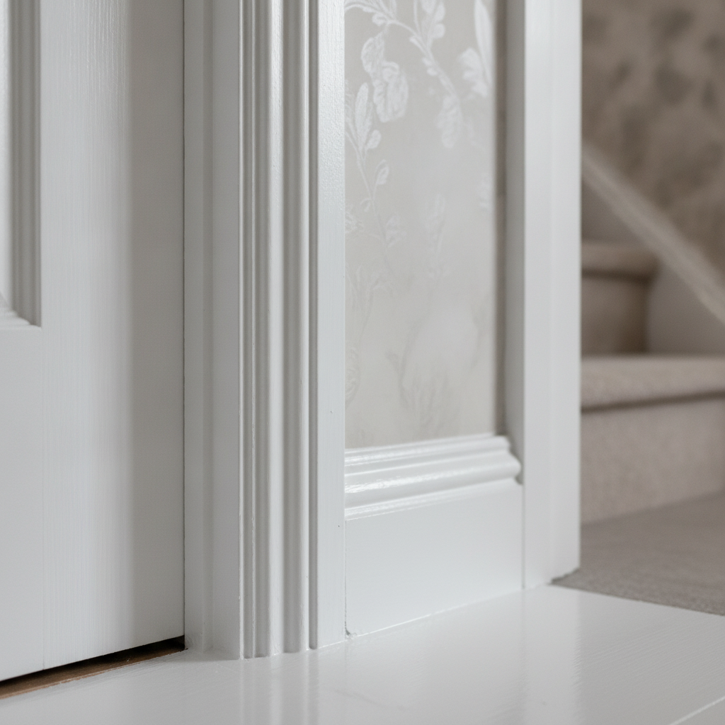 White satinwood paint freshly applied to skirting boards and a door frame in a UK home interior, smooth low-sheen finish