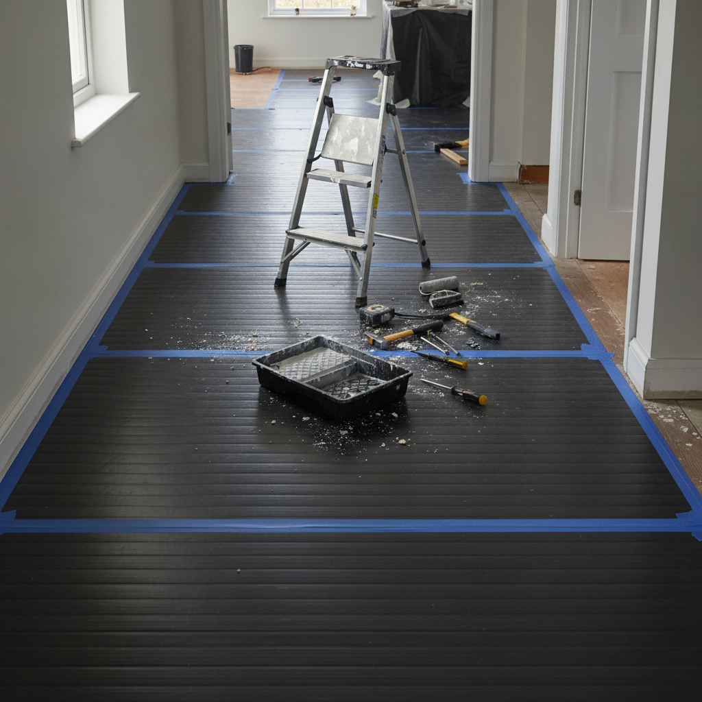 Black corrugated plastic floor protection sheets laid across a hallway floor during a home renovation with a stepladder and paint tray on top