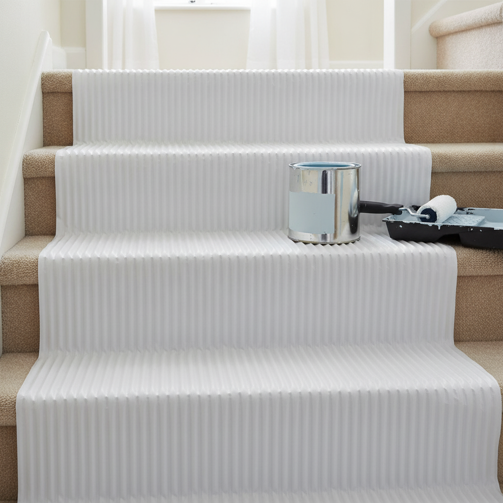 White corrugated plastic floor protection sheets laid on a staircase and landing during a decorating project, protecting carpet and stair treads