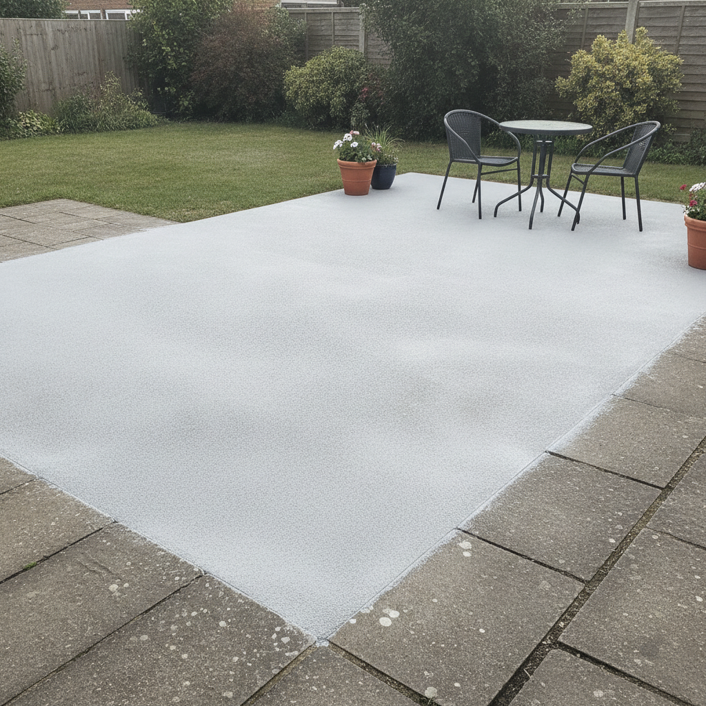 Pale grey painted concrete slab edged by unpainted weathered paving, bistro table and two chairs on the lawn behind