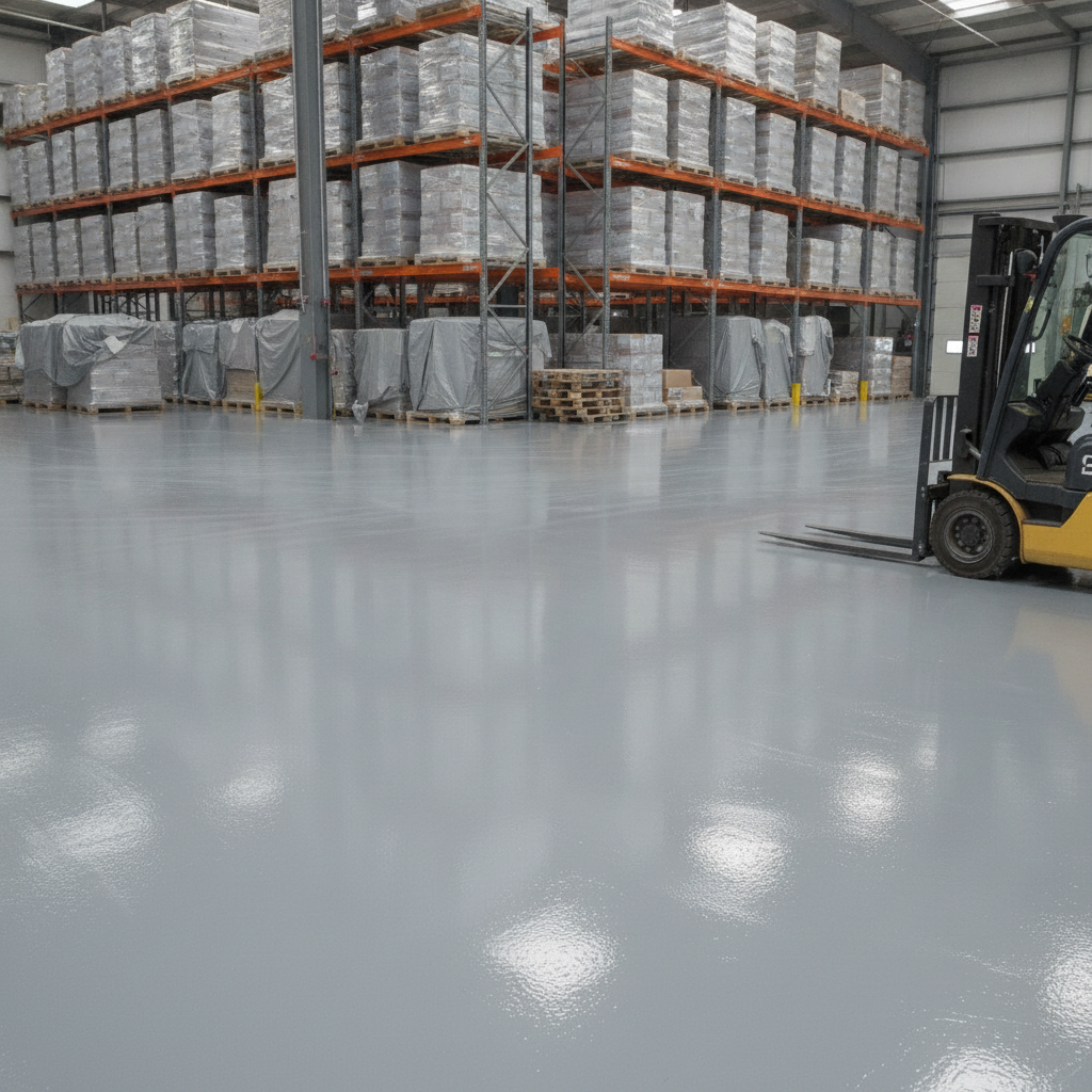 Grey glossy industrial polyurethane floor paint applied to a UK warehouse floor with a forklift truck in the background