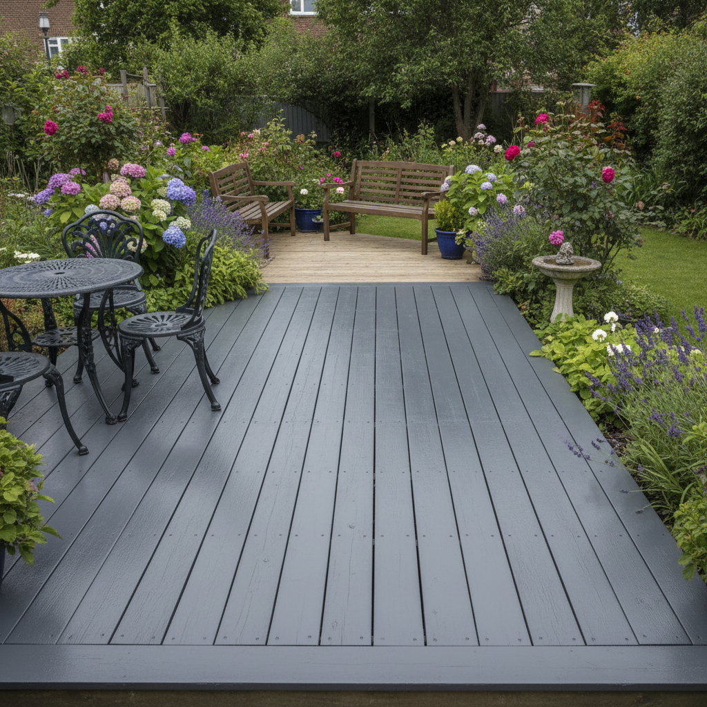 Dark grey anti-slip decking paint freshly applied to a timber deck in a UK garden with outdoor furniture
