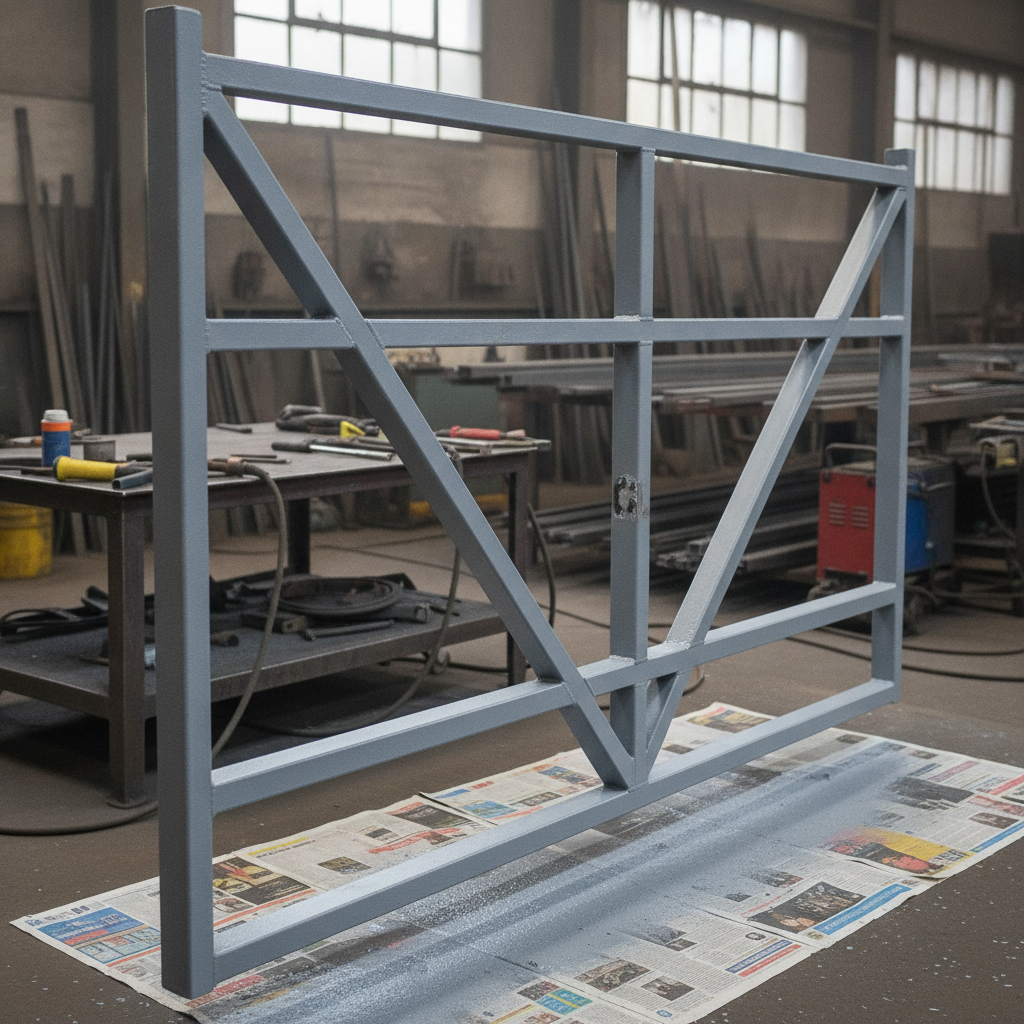 Grey anti-corrosive metal oxide primer freshly applied to a steel gate frame ready for topcoat, UK workshop setting