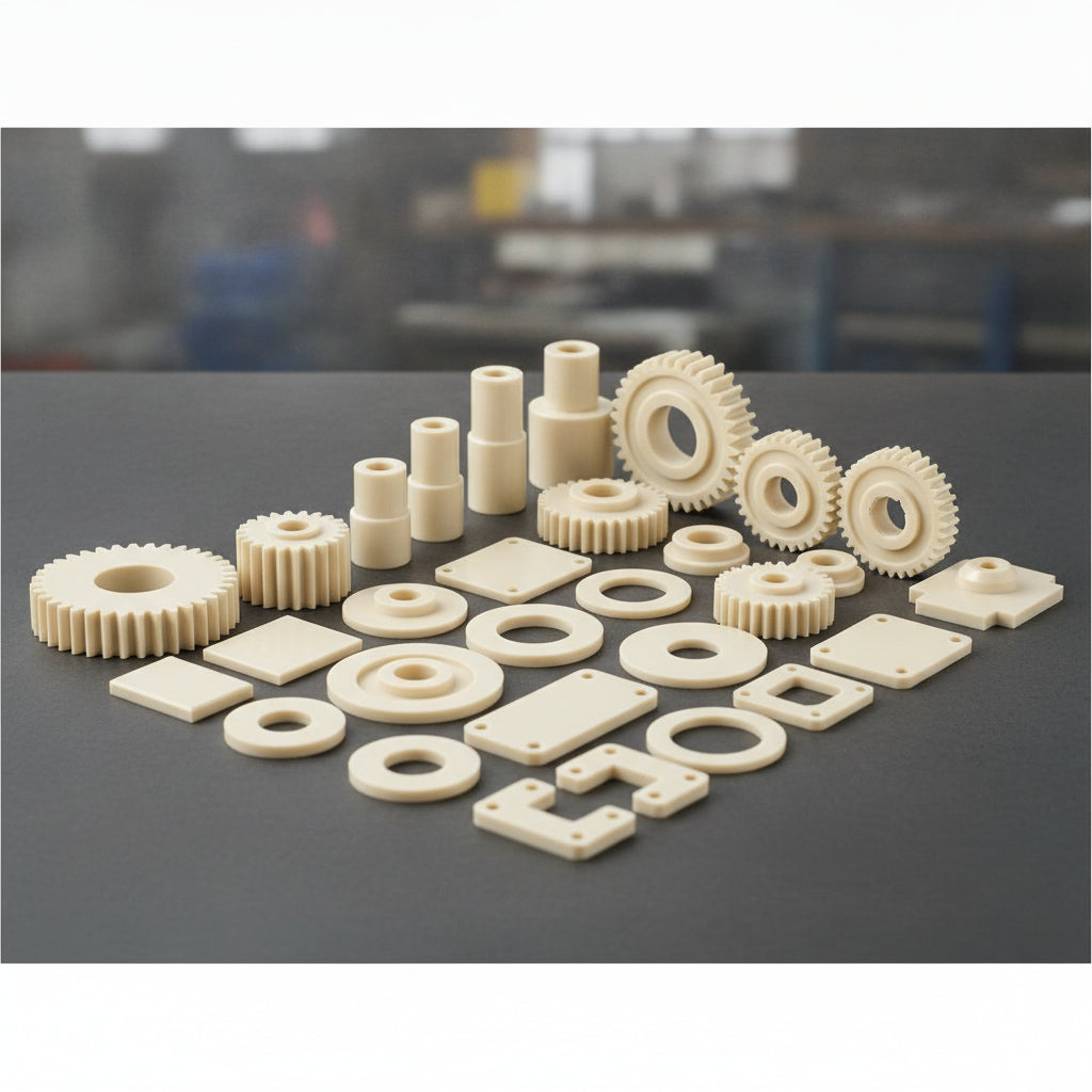 Precision machined components made from natural Nylon 6 PA6 engineering plastic including gears bushings and plates