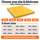 "Choose your size & thickness" chart: a yellow PE500 slab above 10-25mm thickness tabs and nine listed sheet sizes