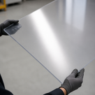 Grey-gloved hands tilting a large clear PETG panel in a workshop, strip light streaking across its face