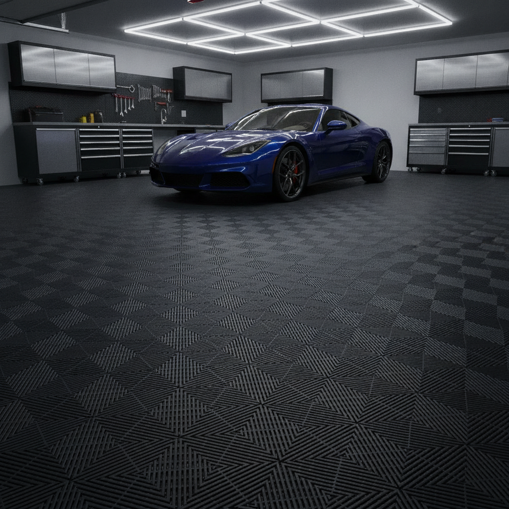 Black interlocking PVC garage floor tiles covering a clean home garage floor with a car parked on top and tool cabinets along the wall