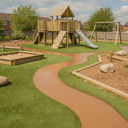 Brown playground paint pathway trail marking at a UK nursery play area