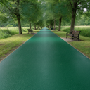 Dark green playground paint surfacing strip along a UK park walking path