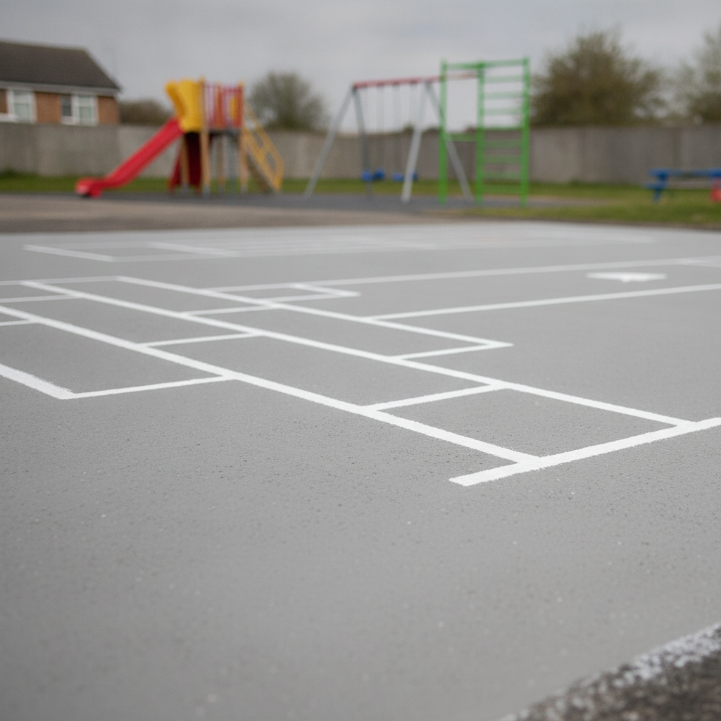Grey playground paint hopscotch games markings on a UK school playground