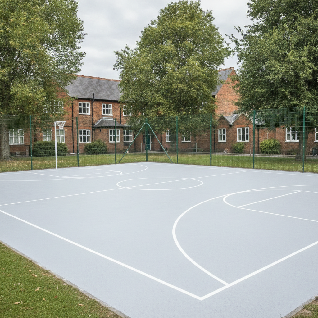 Light grey playground paint MUGA multi-use games area court in the UK